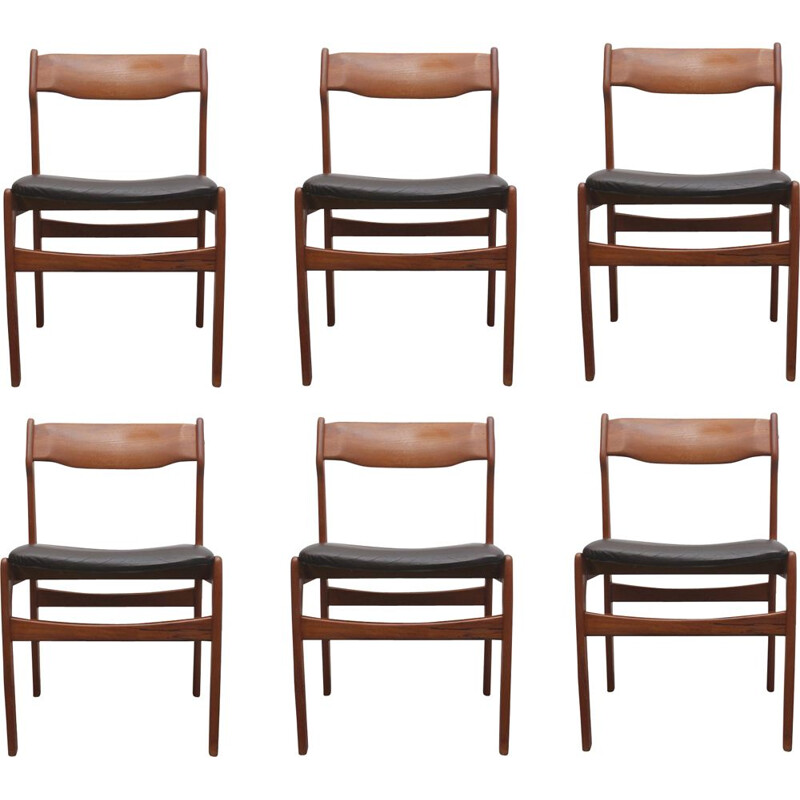 Lot de 6 chaises vintage en cuir de teck par Erik Buch