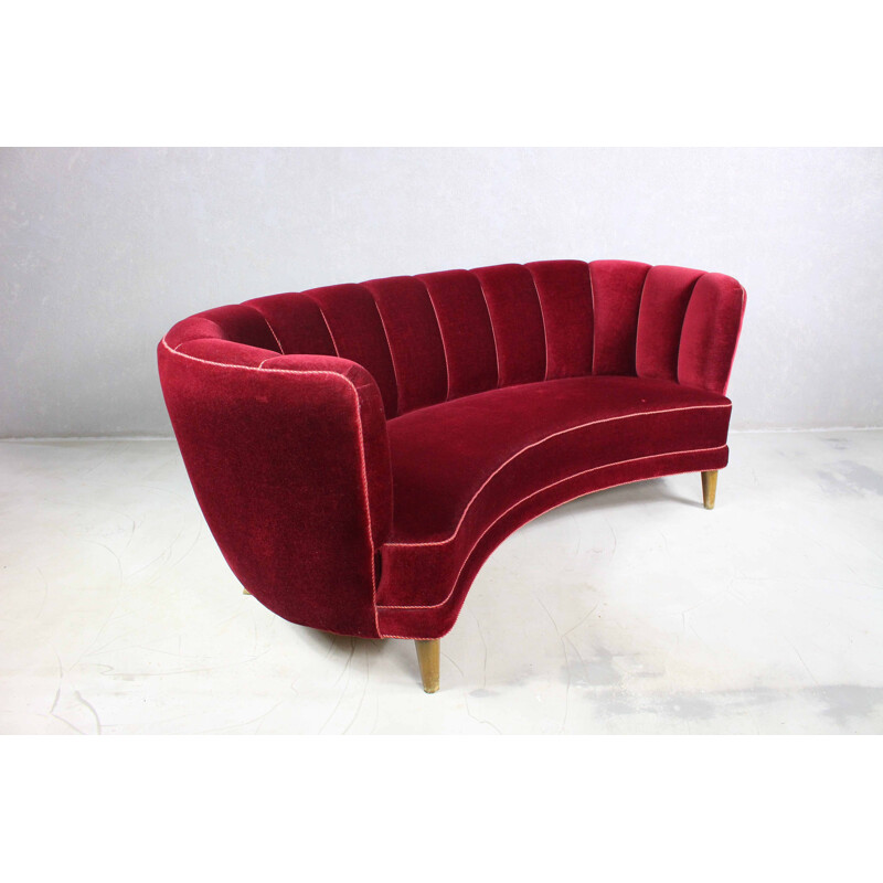 Vintage curved Banana sofa in burgundy velvet, Denmark 1950