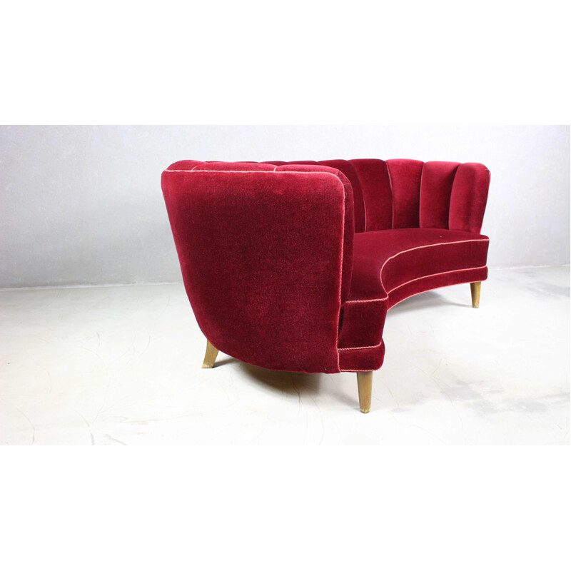 Vintage curved Banana sofa in burgundy velvet, Denmark 1950