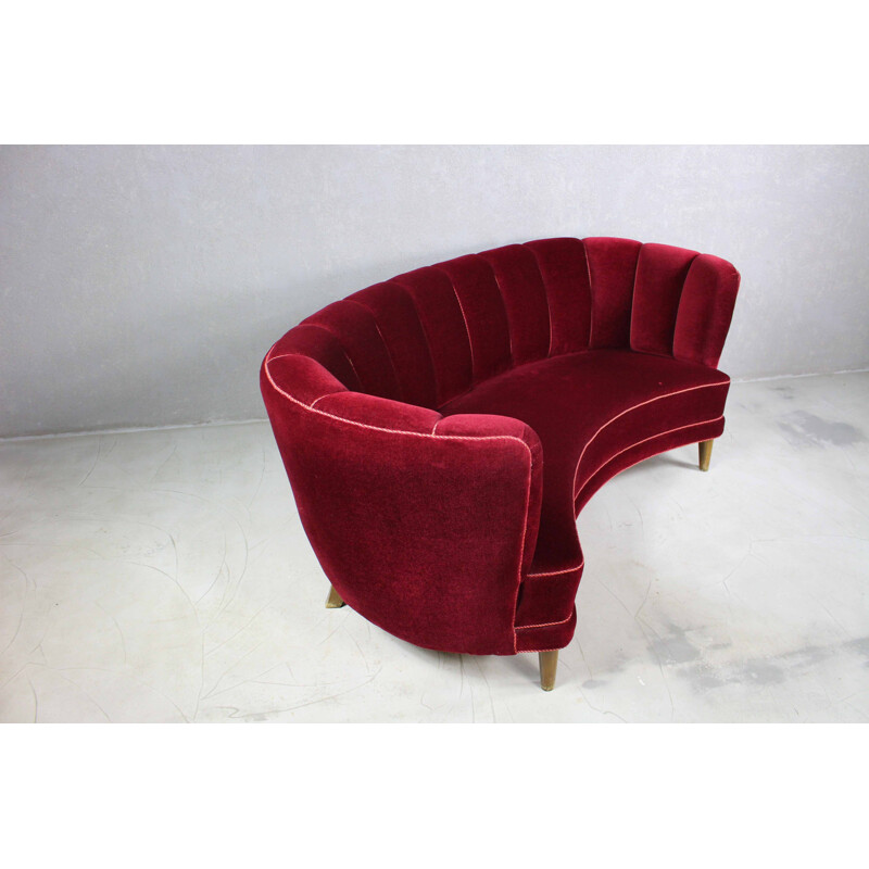 Vintage curved Banana sofa in burgundy velvet, Denmark 1950