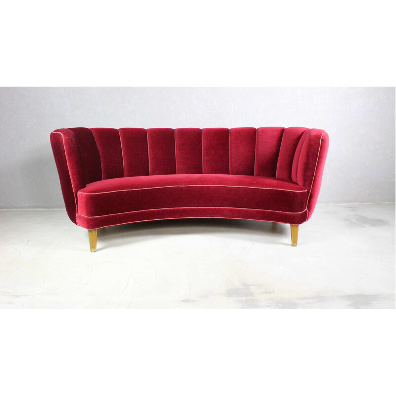 Vintage curved Banana sofa in burgundy velvet, Denmark 1950