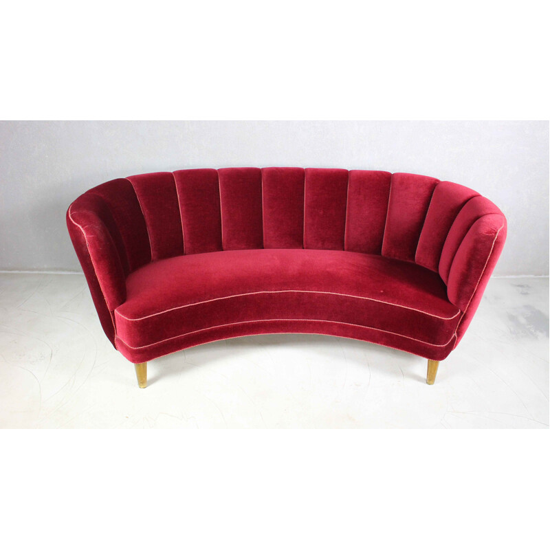 Vintage curved Banana sofa in burgundy velvet, Denmark 1950