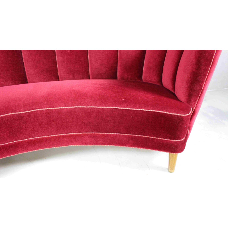 Vintage curved Banana sofa in burgundy velvet, Denmark 1950