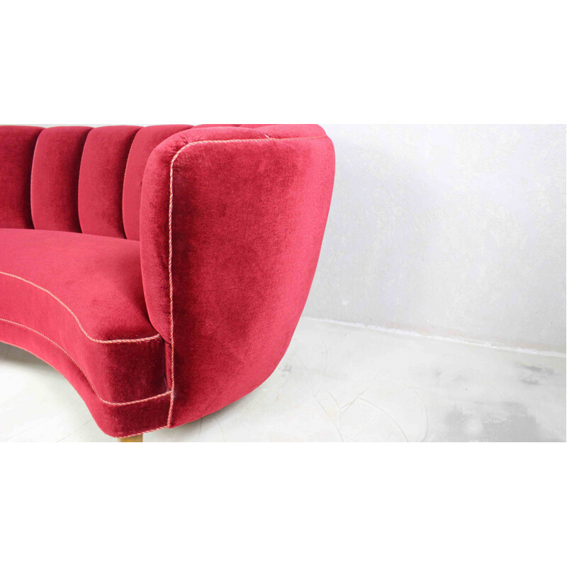 Vintage curved Banana sofa in burgundy velvet, Denmark 1950