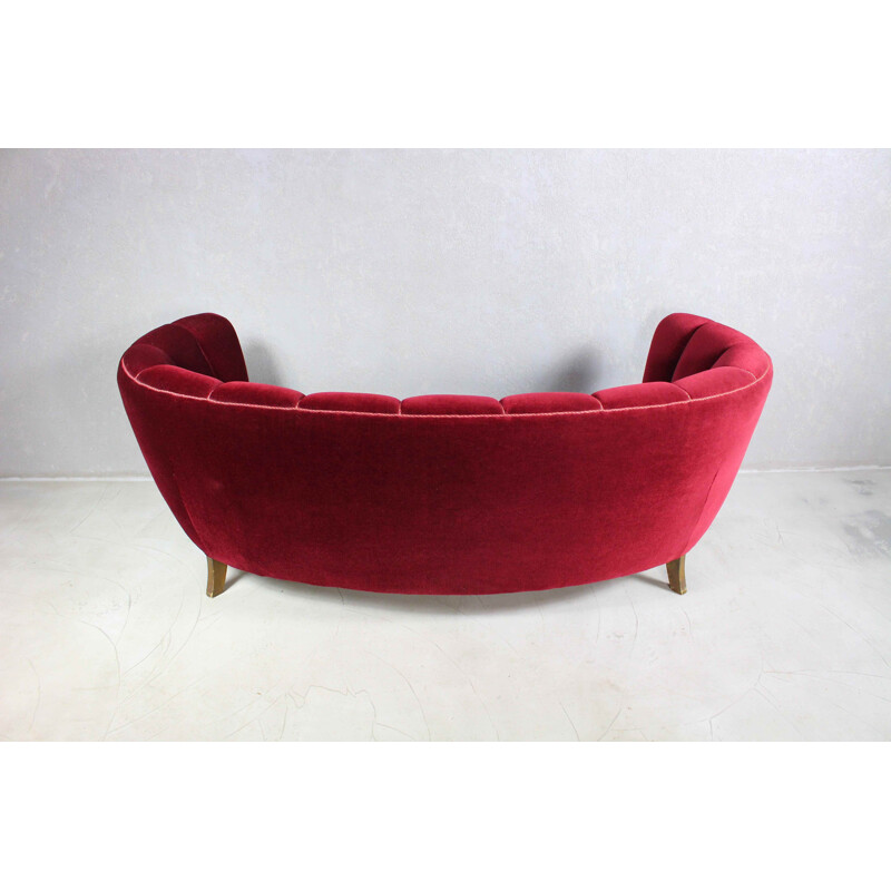 Vintage curved Banana sofa in burgundy velvet, Denmark 1950