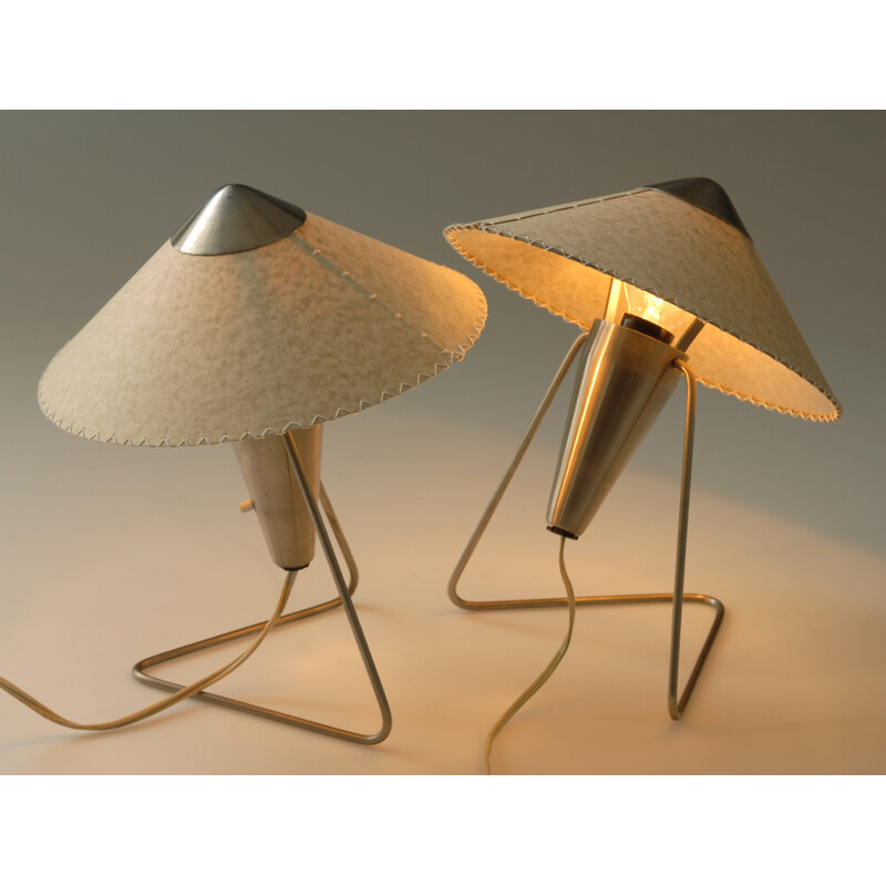 Pair of mid-century Okolo table lamps in parchment and nickel, Helena FRANTOVÁ - 1950s
