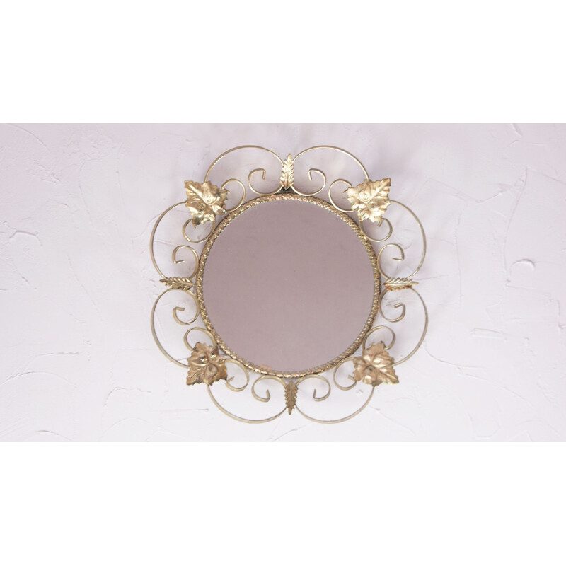 Vintage Gilded Metal Mirror with Vine Leaves, French