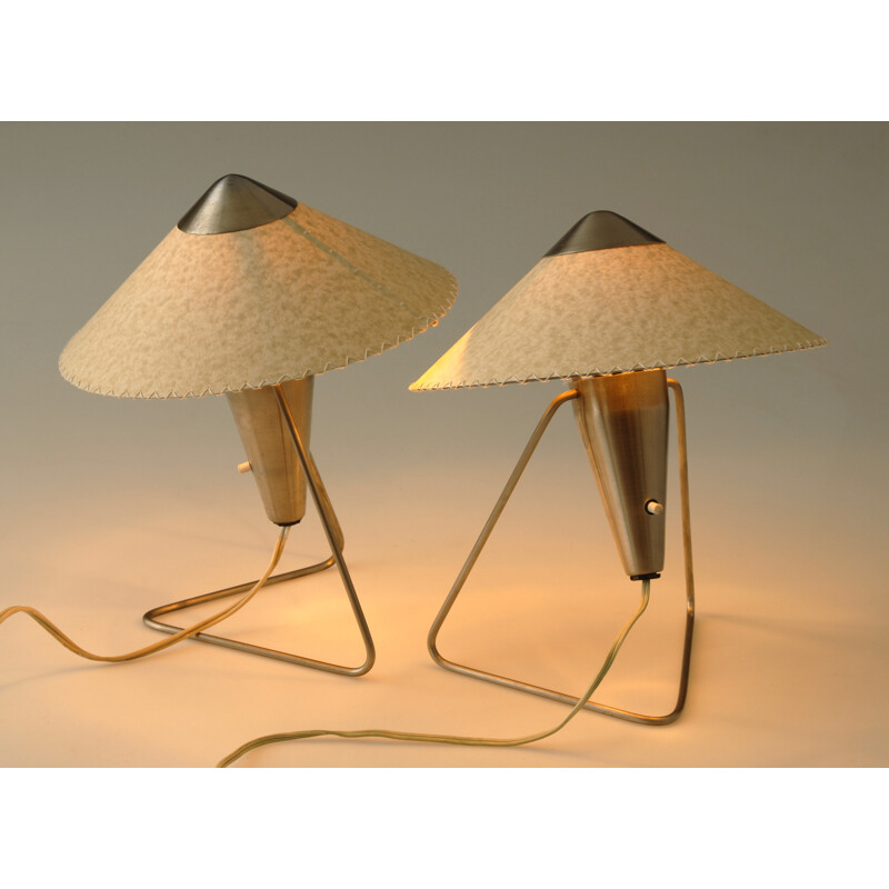Pair of mid-century Okolo table lamps in parchment and nickel, Helena FRANTOVÁ - 1950s