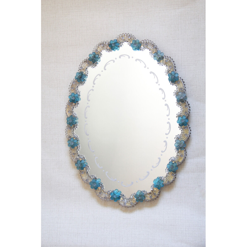 Vintage mirror in light blue glass, Italy 1940