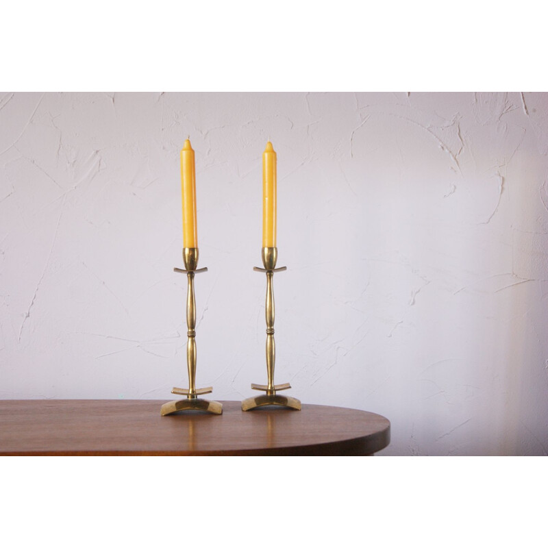Pair of vintage solid brass candlesticks by Dan Present, Denmark 1960