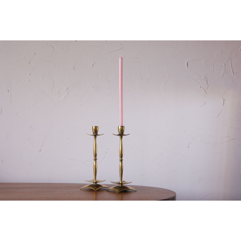 Pair of vintage solid brass candlesticks by Dan Present, Denmark 1960