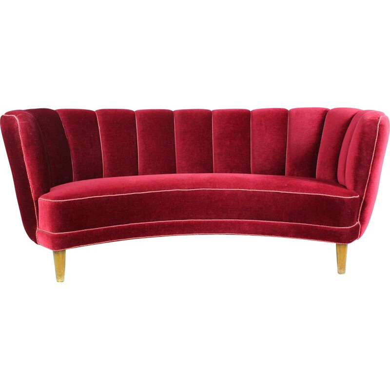 Vintage curved Banana sofa in burgundy velvet, Denmark 1950