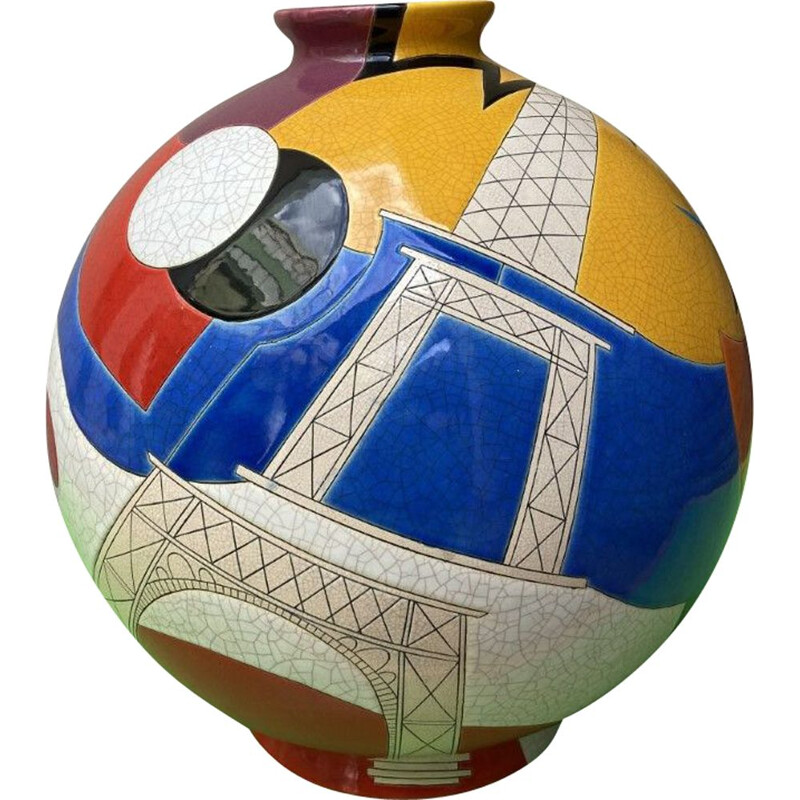 Vintage Longwy ball vase, "The electric tower" by Danilo Curetti
