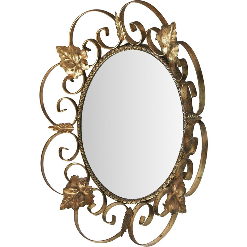 Miroir vintage en métal doré avec feuilles de vigne, Français