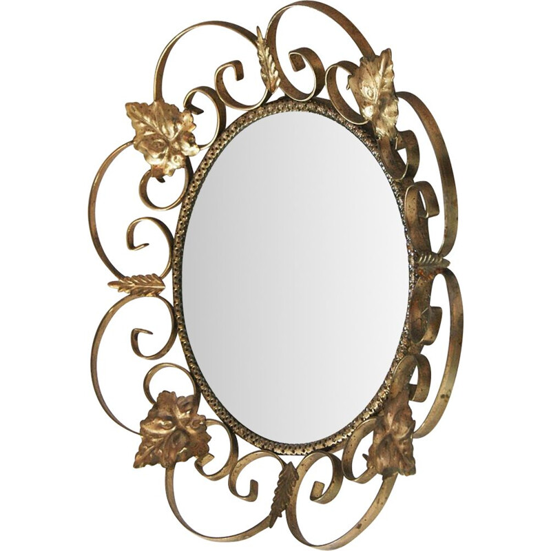 Vintage Gilded Metal Mirror with Vine Leaves, French