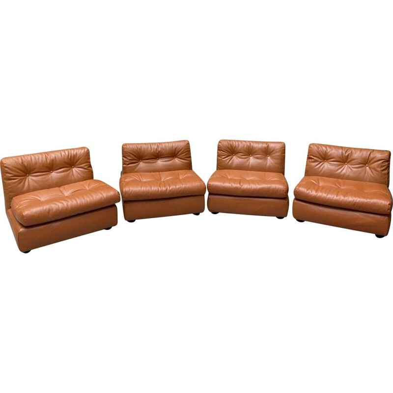 Lot de 4 fauteuils vintage Amanta cuir fauve Mario Bellini 1978