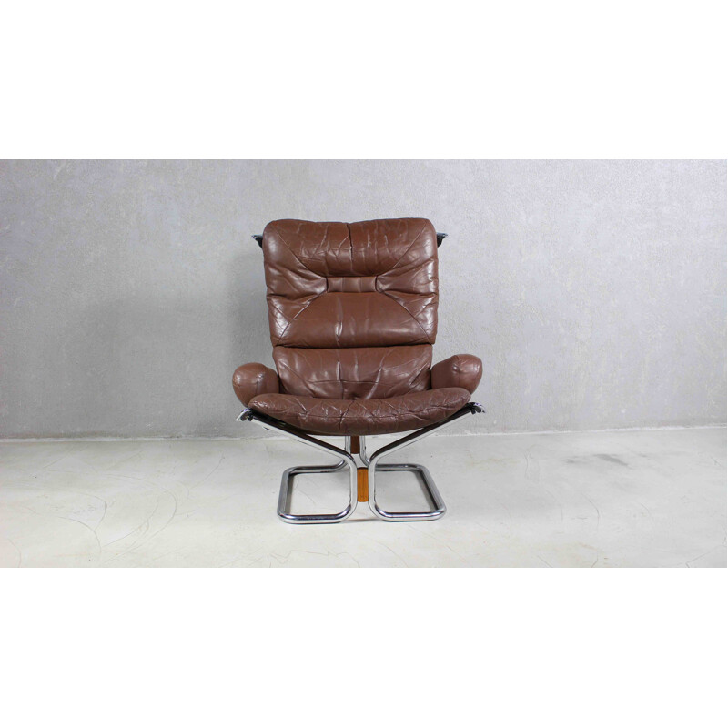 Vintage Leather And Rosewood Lounge Chair by Harald Relling for Westnofa 1970s