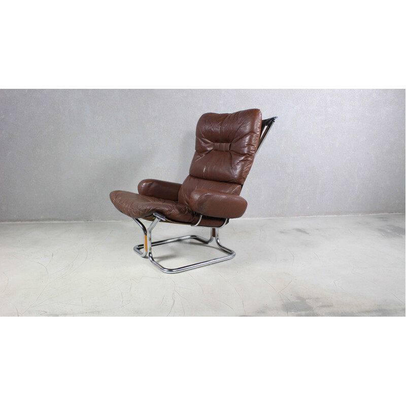 Vintage Leather And Rosewood Lounge Chair by Harald Relling for Westnofa 1970s