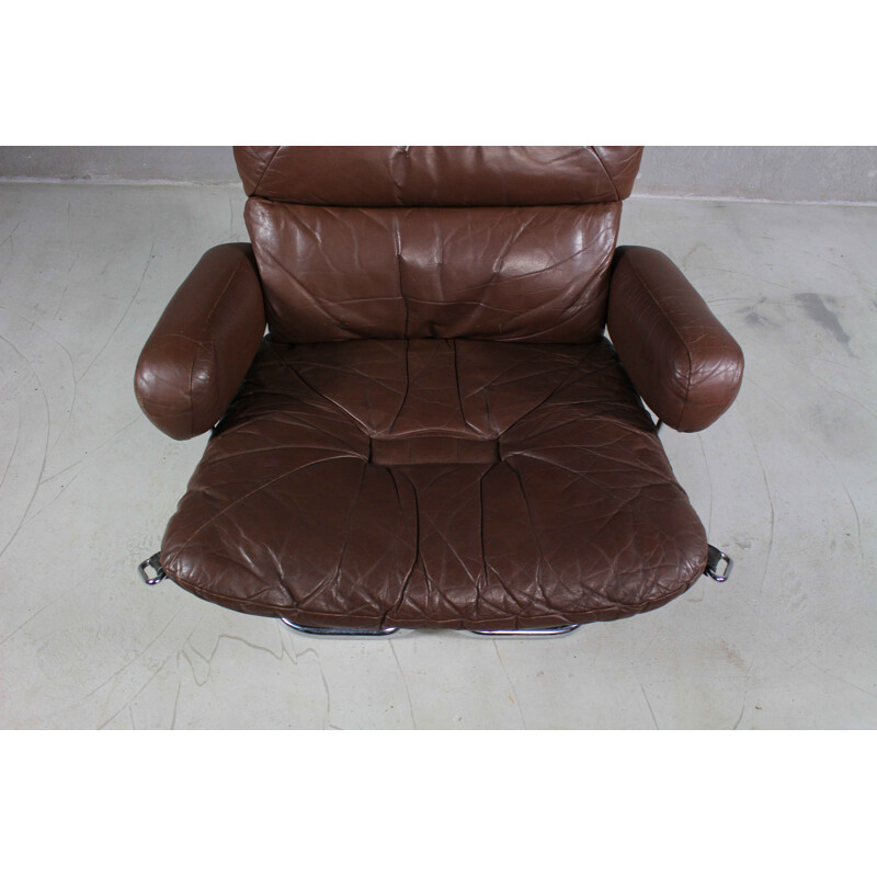 Vintage Leather And Rosewood Lounge Chair by Harald Relling for Westnofa 1970s