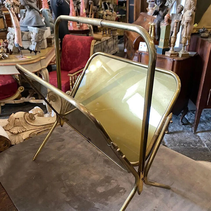 Vintage Modern Solid Brass Magazine Rack, Italian 1950s