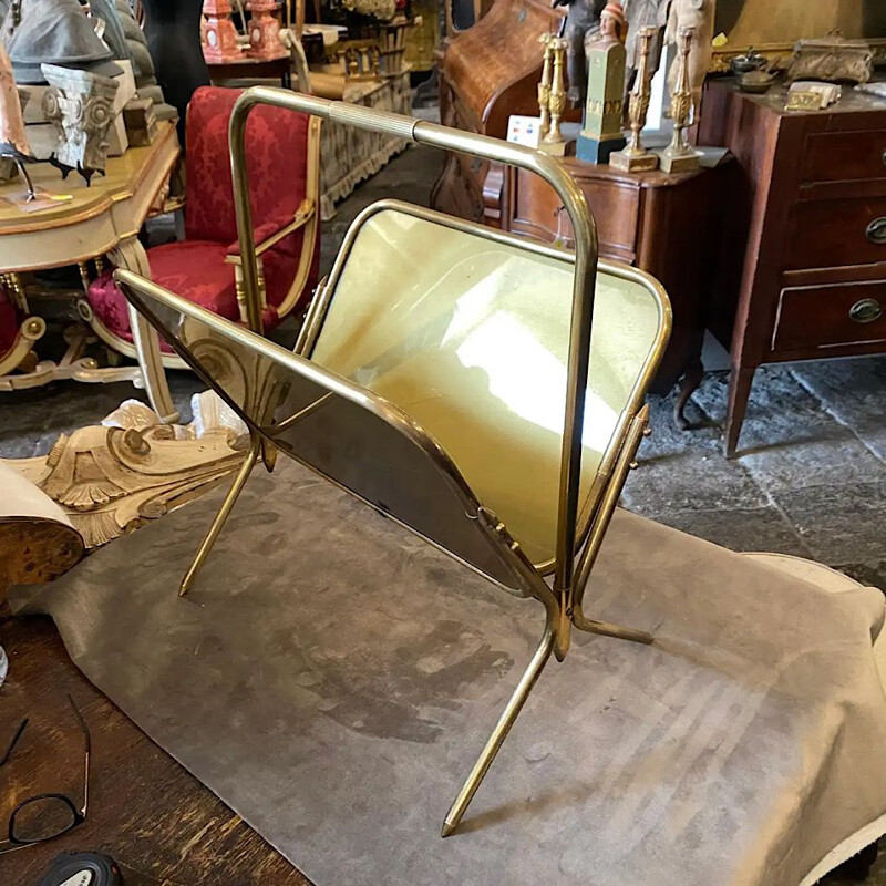 Vintage Modern Solid Brass Magazine Rack, Italian 1950s