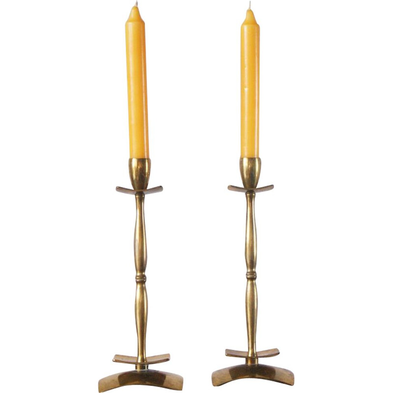 Pair of vintage solid brass candlesticks by Dan Present, Denmark 1960