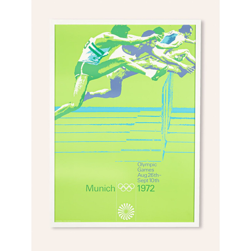 Affiche vintage jeux olympiques encadré en bois par Otl Aicher, Allemagne 1971