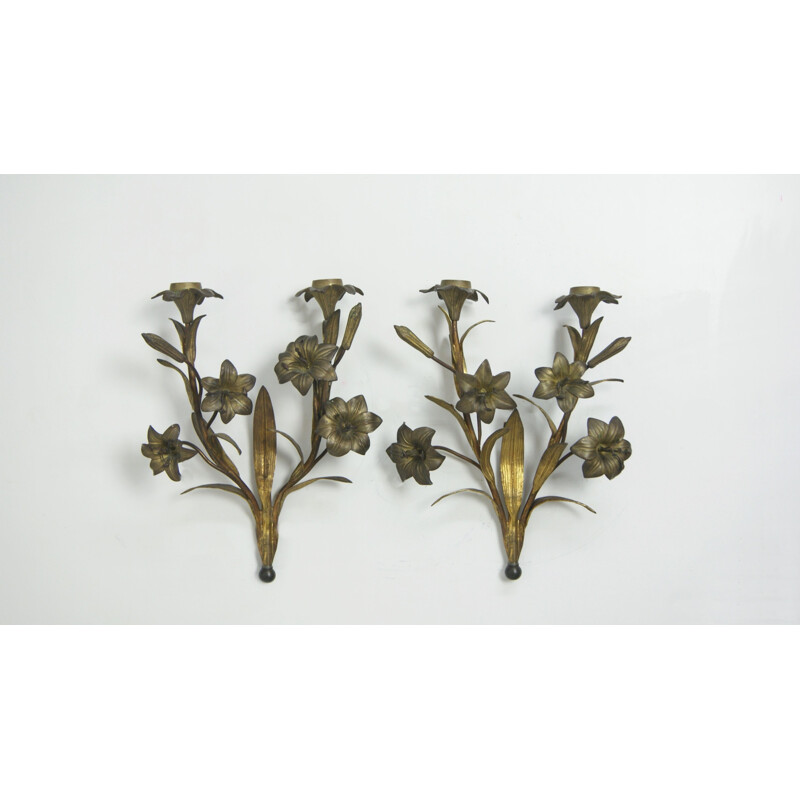 Pair of vintage wall candle holders with fleur-de-lis, France