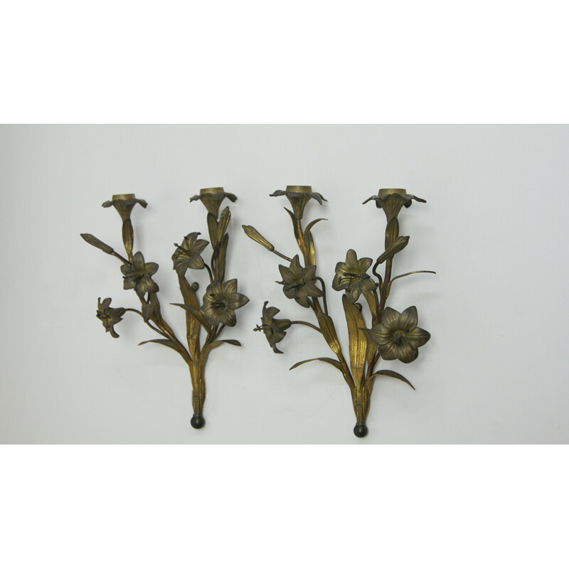Pair of vintage wall candle holders with fleur-de-lis, France