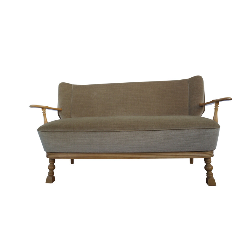 Vintage 2 Seater Sofa Beige velours With Armrests 1950s