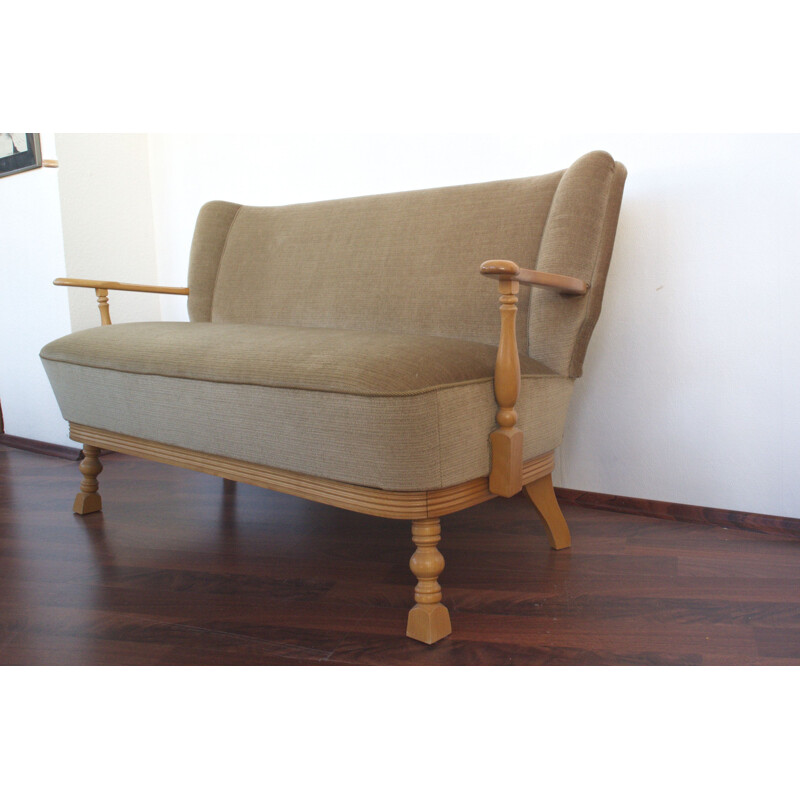 Vintage 2 Seater Sofa Beige velours With Armrests 1950s