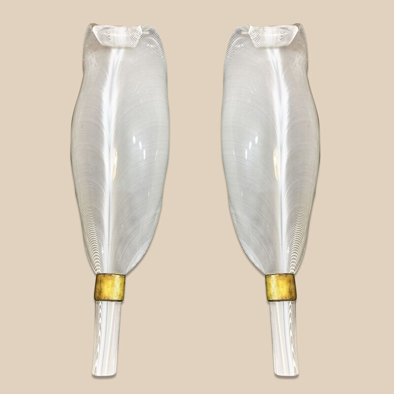 Pair of vintage sconces in filigree glass and gilt bronze for Paolo Venini