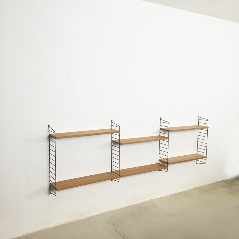Mid-century String shelving system in elm wood and metal, Nisse STRINNING - 1960s