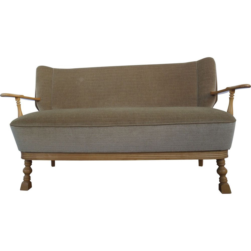 Vintage 2 Seater Sofa Beige velours With Armrests 1950s