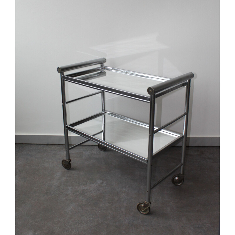 Vintage aluminium bar cart met 2 gespiegelde trays 1960