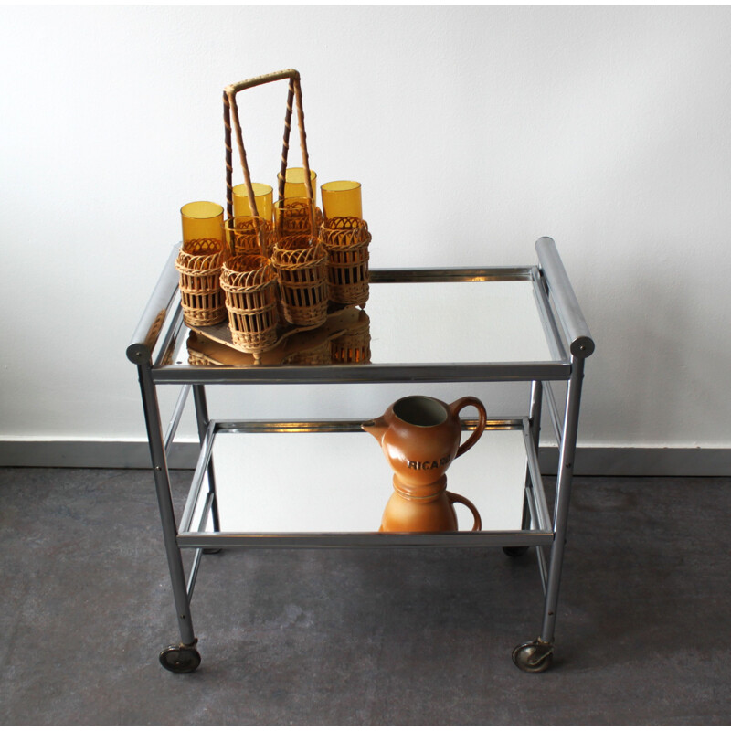 Vintage aluminium bar cart with 2 mirrored trays 1960s