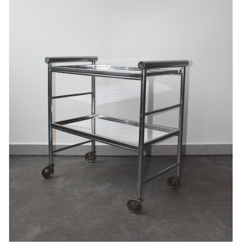 Vintage aluminium bar cart with 2 mirrored trays 1960s