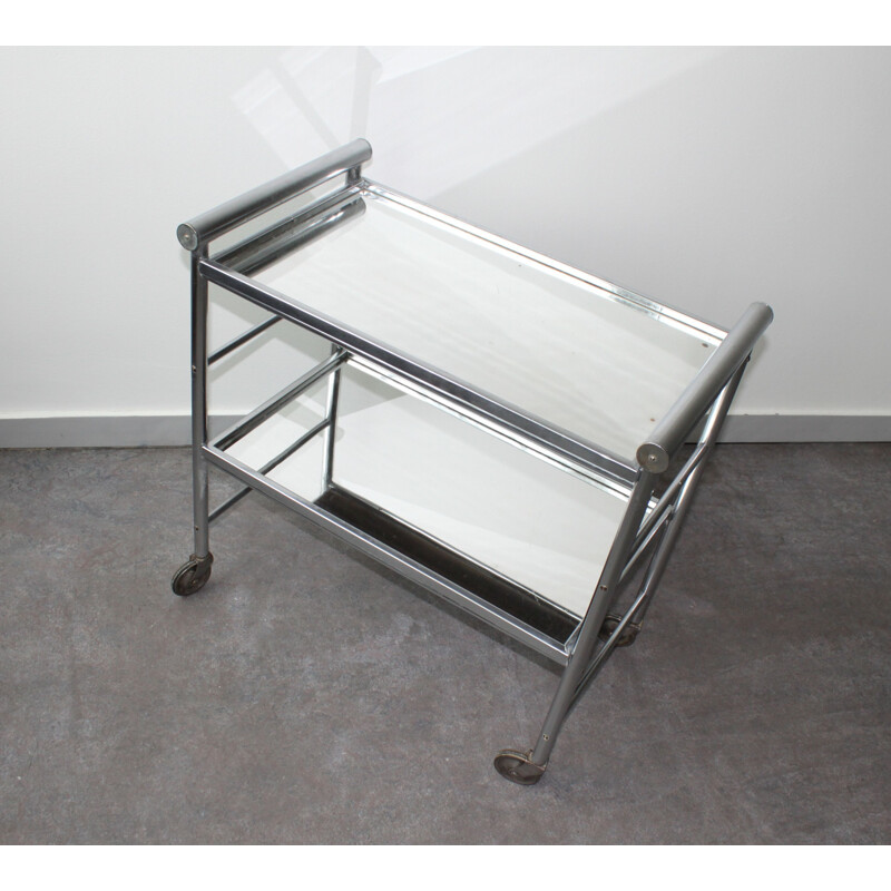 Vintage aluminium bar cart met 2 gespiegelde trays 1960