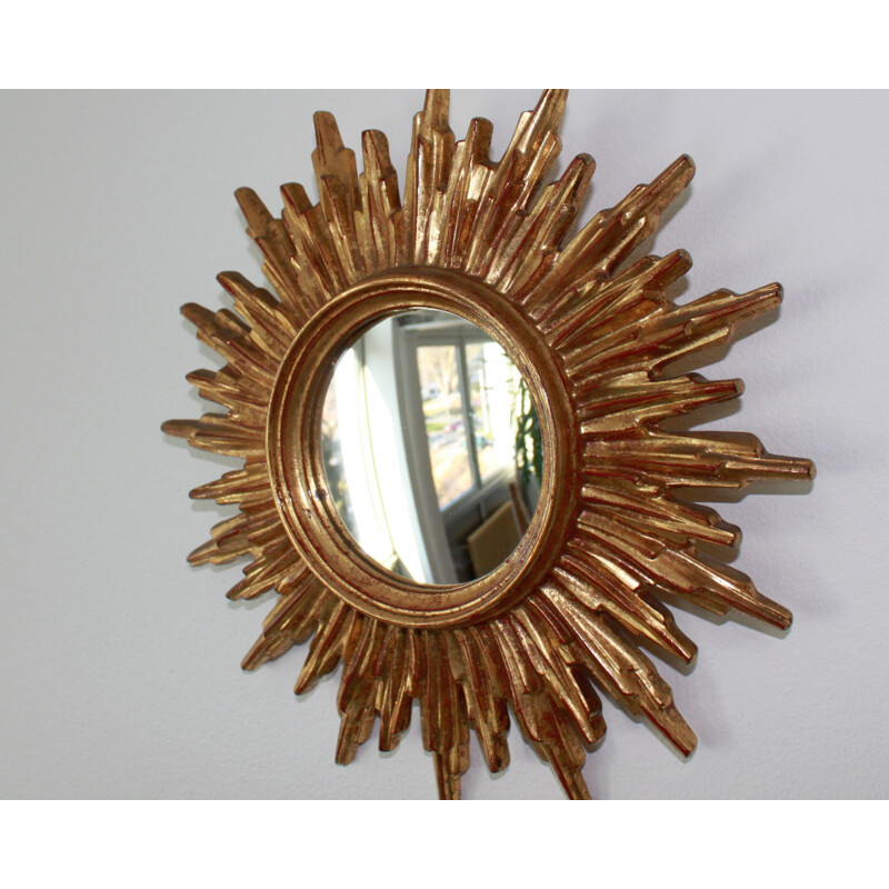 Vintage carved wood sun mirror, Belgium