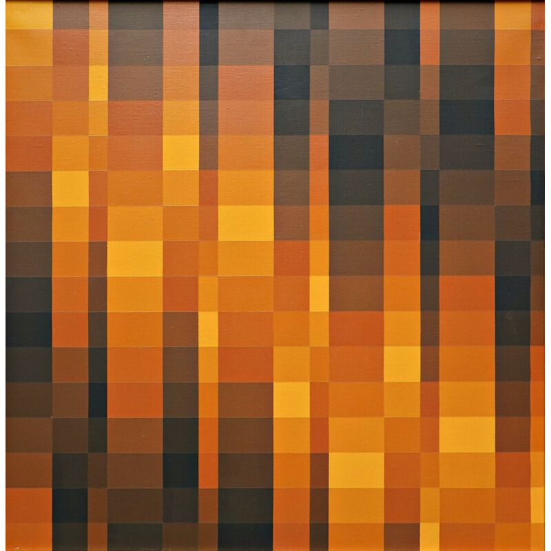 Huile sur toile vintage "Composition géométrique aux tons bruns" de Georges Vaxelaire, 1975