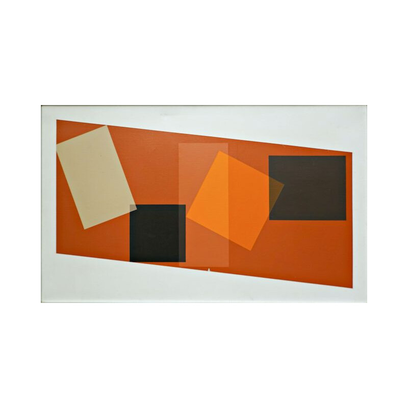 Olieverf op doek vintage "Geometrische compositie" door Georges Vaxelaire, 1974