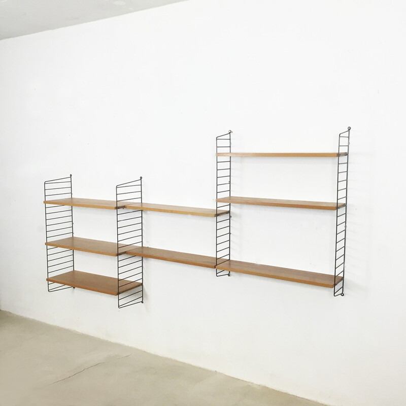 Scandinavian String wall unit in elm and metal, Nisse STRINNING - 1960s