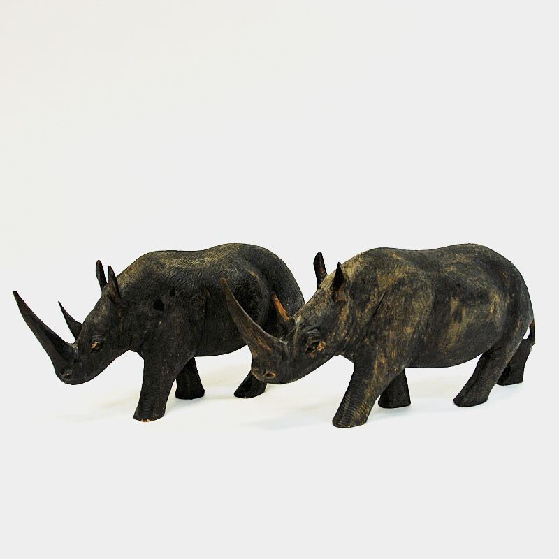 Par de rinocerontes de madeira cinzenta vintage, Escandinávia 1940