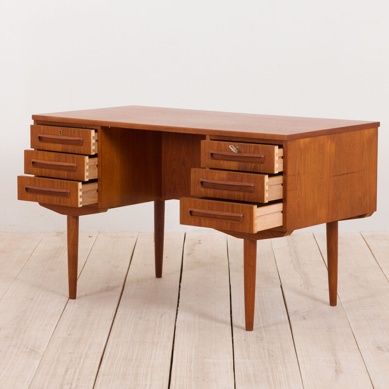 Vintage Freestanding Teak Desk with 6 Drawers, Danish 1960s