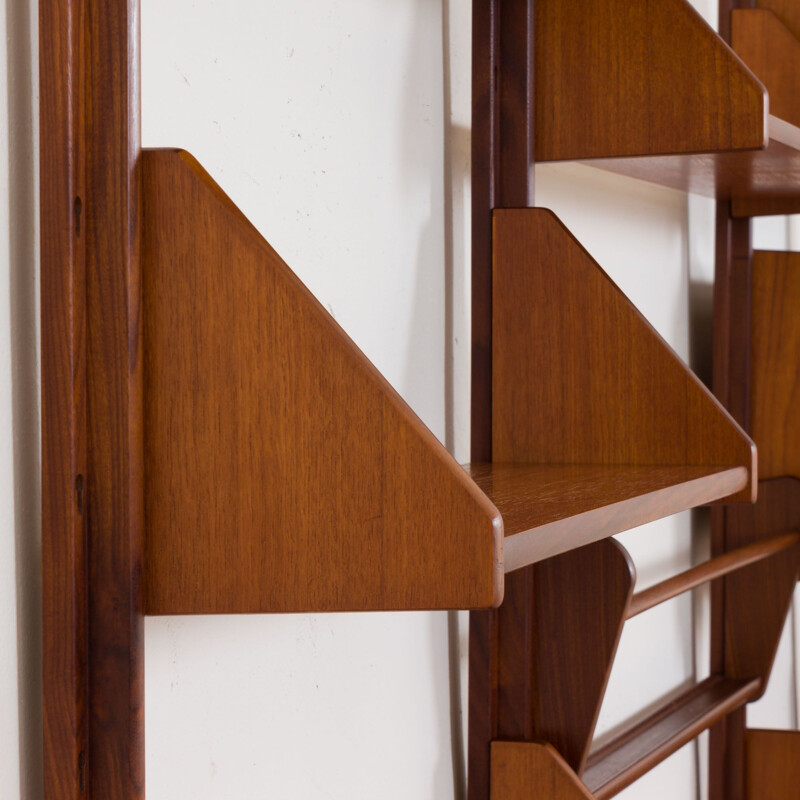 Vintage 3 bay wall unit in teak with 4 cabinets and 6 shelves, Scandinavian 1960s