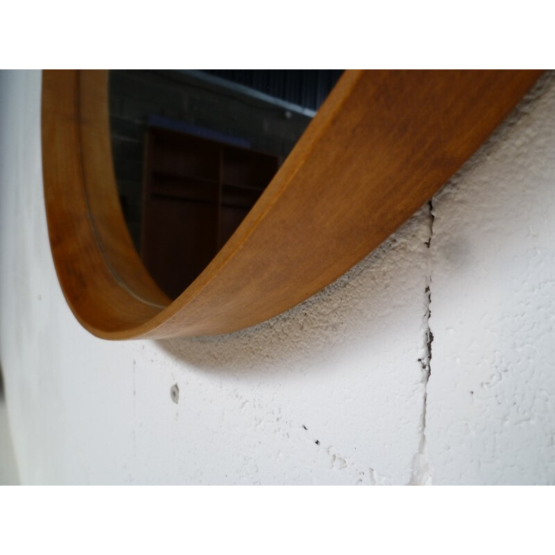 Grand miroir suspendu rond en bois et cuir - années 50