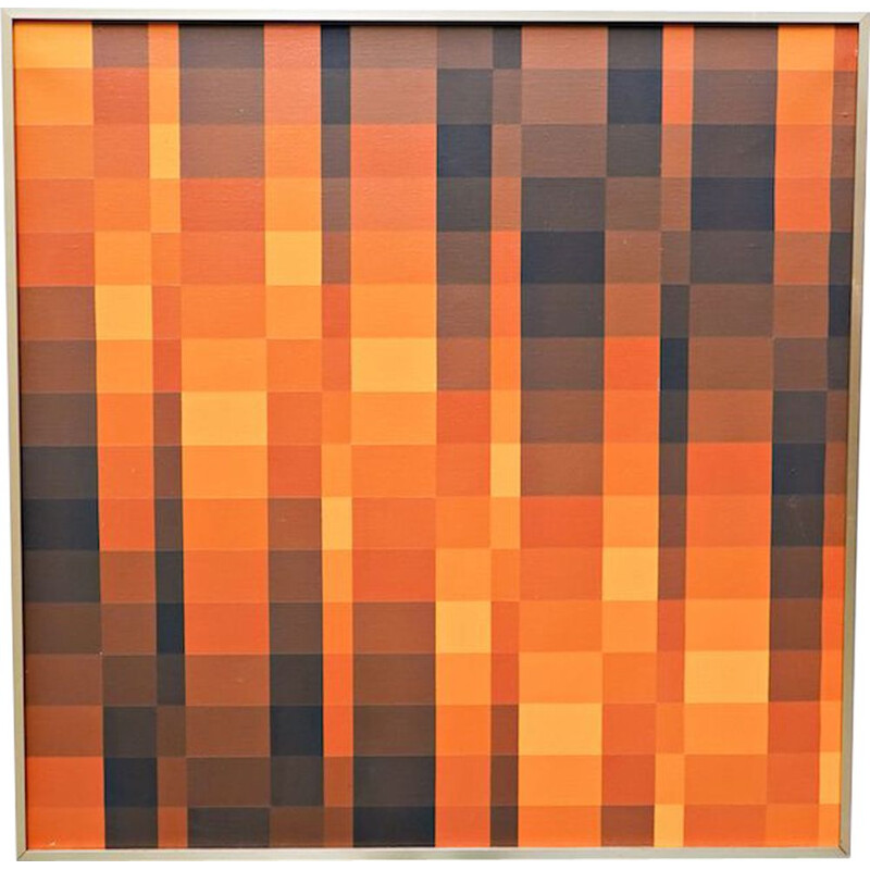 Olieverf op doek vintage "Geometrische compositie met bruine tinten" van Georges Vaxelaire, 1975