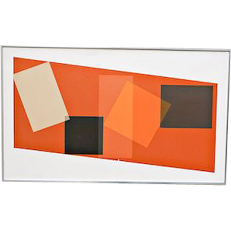 Oil on canvas vintage "Geometric composition" by Georges Vaxelaire, 1974