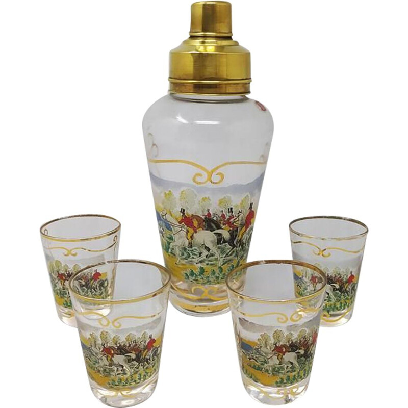 Vintage Cocktail Shaker with 4 Glasses, Italy 1950s