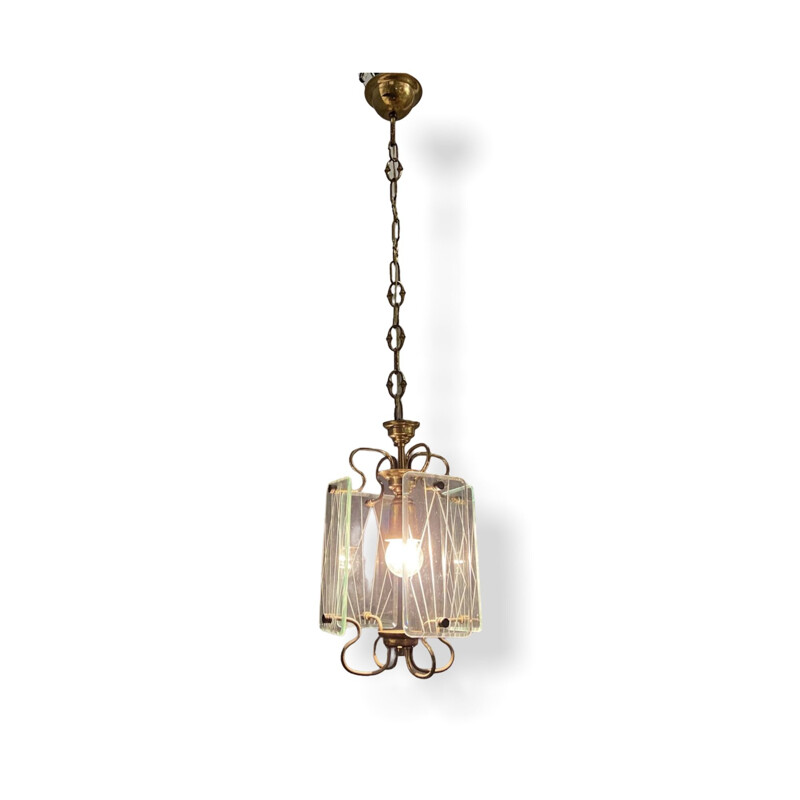 Lámpara colgante vintage de bronce y cristal 1950